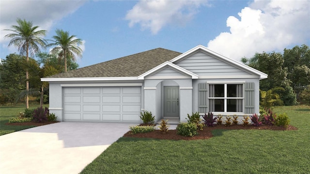 single story home featuring driveway, a garage, a front yard, roof with shingles, and stucco siding