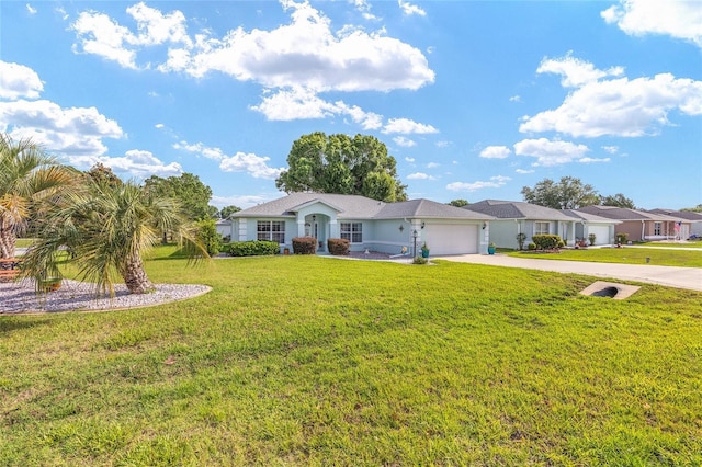 ranch-style house featuring a garage, concrete driveway, and a front lawn