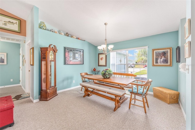 carpeted dining area featuring a chandelier and baseboards