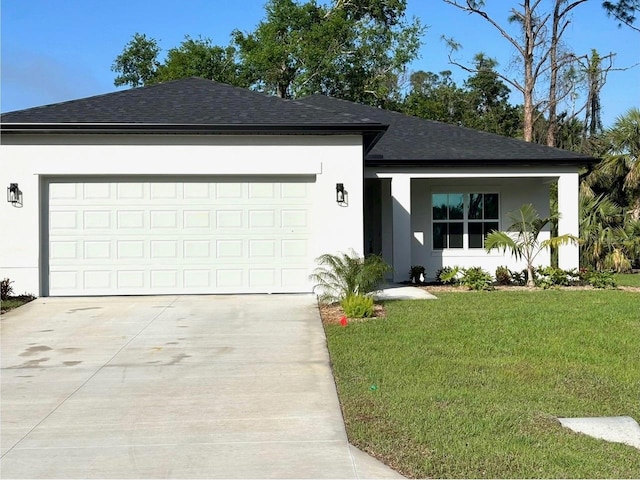 single story home with stucco siding, a front yard, roof with shingles, and concrete driveway