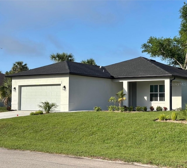 single story home with a garage, stucco siding, a front yard, concrete driveway, and roof with shingles