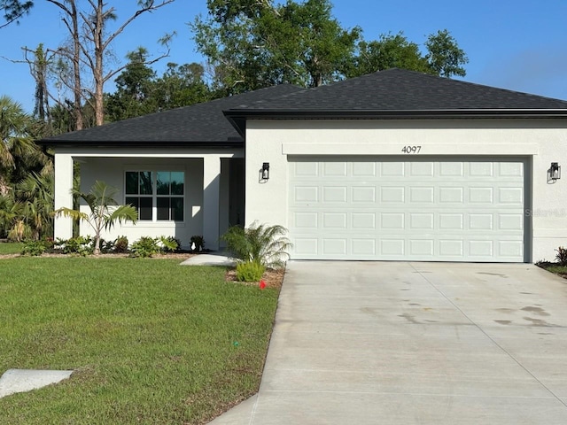 ranch-style house with stucco siding, a garage, driveway, a front lawn, and a shingled roof