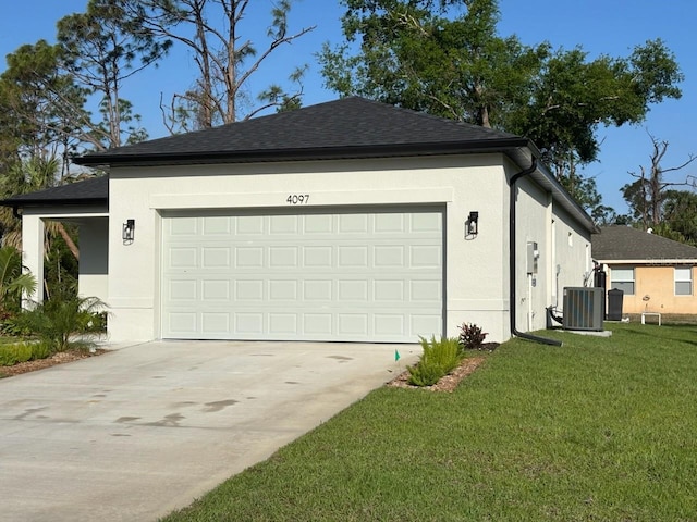 view of home's exterior featuring stucco siding, central AC unit, a yard, and an attached garage