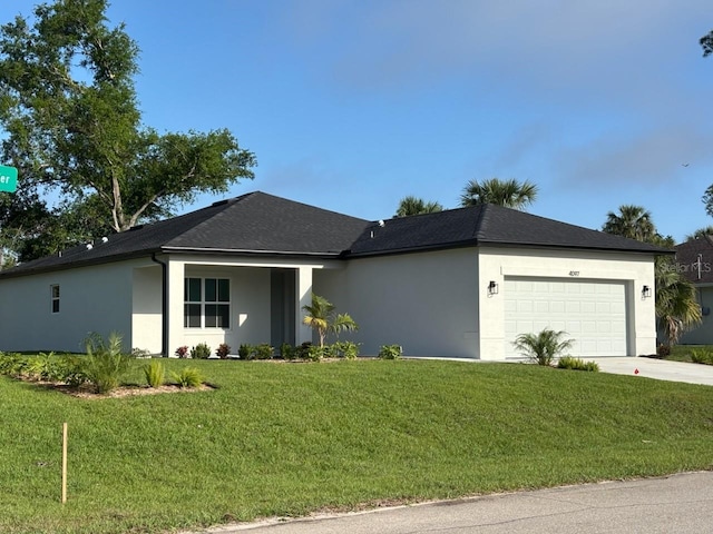 ranch-style house featuring an attached garage, stucco siding, a front lawn, and concrete driveway