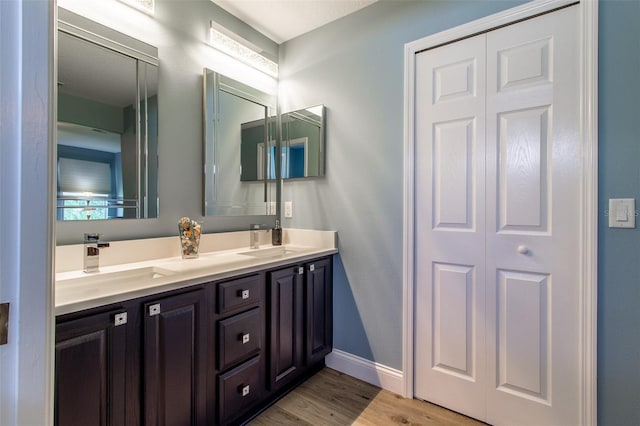 1690 SW 158th Ln, Ocala, FL 34473 - bathroom with wood finished floors, double vanity, and baseboards