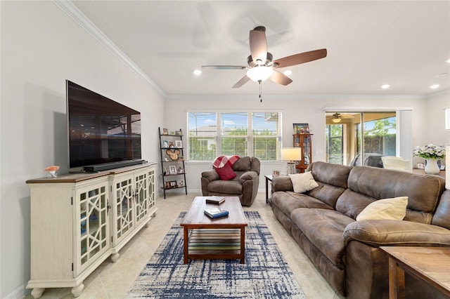 living room with a ceiling fan, crown molding, light tile patterned floors, baseboards, and recessed lighting