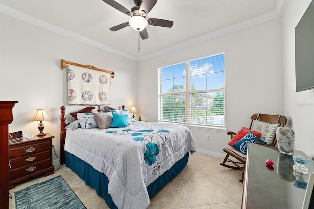 bedroom featuring ornamental molding, baseboards, ceiling fan, and light tile patterned floors