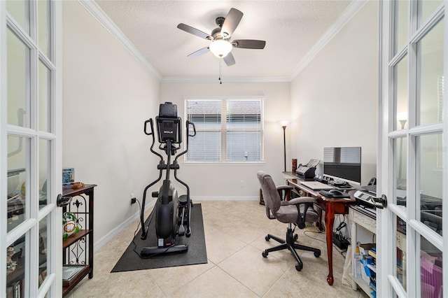 office area with french doors, crown molding, a ceiling fan, light tile patterned floors, and a textured ceiling