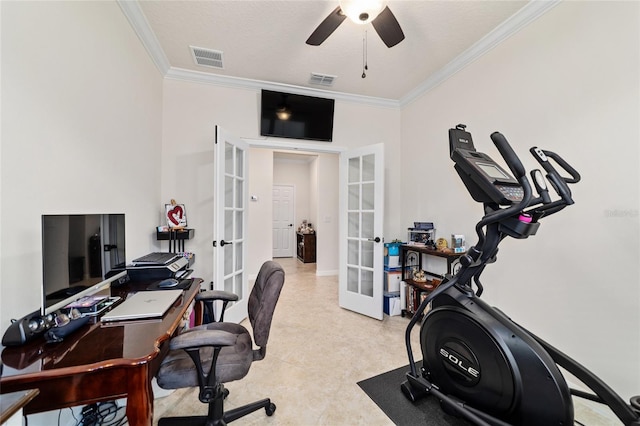 office area with french doors, ornamental molding, and ceiling fan