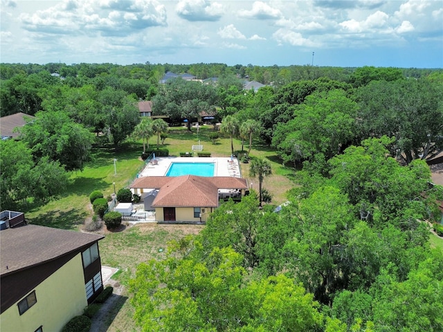drone / aerial view of a pool and a forest