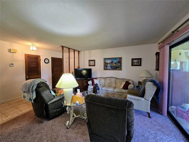 living room featuring a textured ceiling and carpet
