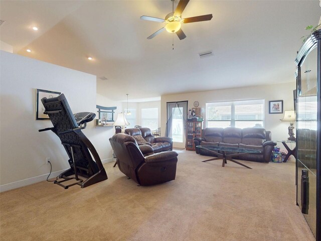 9677 SW 56th Cir, Ocala, FL 34476 - living area featuring light colored carpet, a ceiling fan, recessed lighting, and baseboards