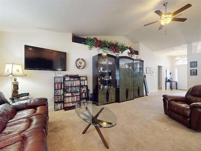 9677 SW 56th Cir, Ocala, FL 34476 - living room with carpet floors, lofted ceiling, a ceiling fan, and baseboards