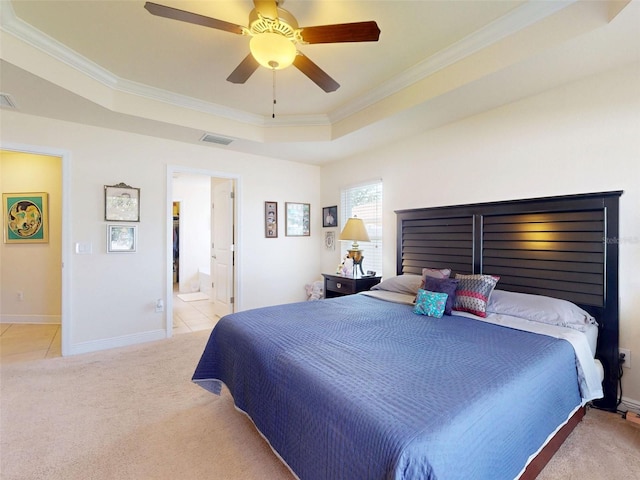 9677 SW 56th Cir, Ocala, FL 34476 - bedroom with a raised ceiling, carpet floors, crown molding, baseboards, and ceiling fan