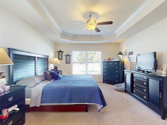 9677 SW 56th Cir, Ocala, FL 34476 - bedroom with crown molding, a raised ceiling, light carpet, and a ceiling fan