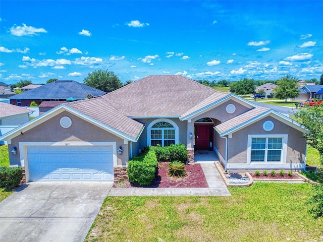 9677 SW 56th Cir, Ocala, FL 34476 - single story home featuring stucco siding, a front lawn, an attached garage, concrete driveway, and roof with shingles