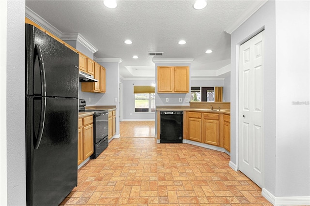 9287 SW 91st Court Rd, Ocala, FL 34481 - kitchen featuring black appliances, baseboards, light countertops, ornamental molding, and recessed lighting