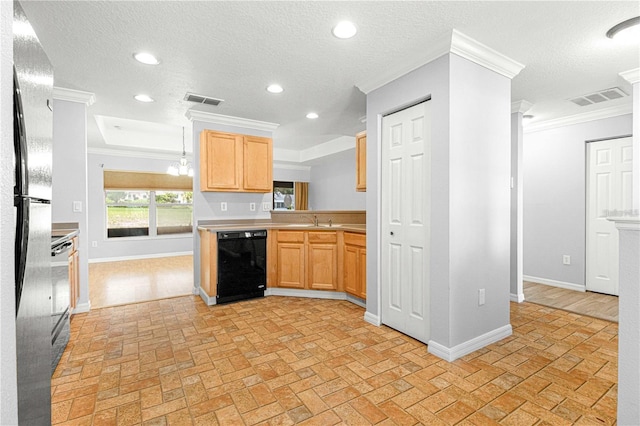 9287 SW 91st Court Rd, Ocala, FL 34481 - kitchen featuring black dishwasher, baseboards, brick floors, ornamental molding, and a sink