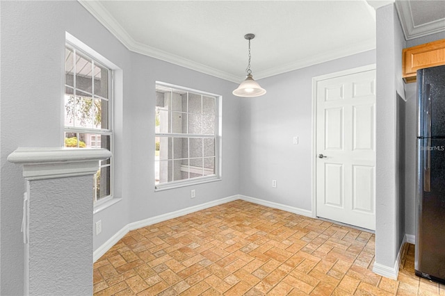 9287 SW 91st Court Rd, Ocala, FL 34481 - unfurnished dining area with brick patterned floors, crown molding, baseboards, and plenty of natural light