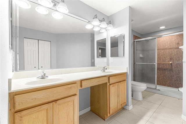 9287 SW 91st Court Rd, Ocala, FL 34481 - bathroom with tile patterned flooring, double vanity, a shower stall, and toilet
