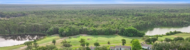 aerial view of property and surrounding area featuring a heavily wooded area and a nearby body of water