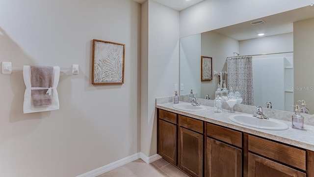 8659 SW 44th Ter, Ocala, FL 34476 - bathroom with a shower with curtain, tile patterned flooring, double vanity, and baseboards