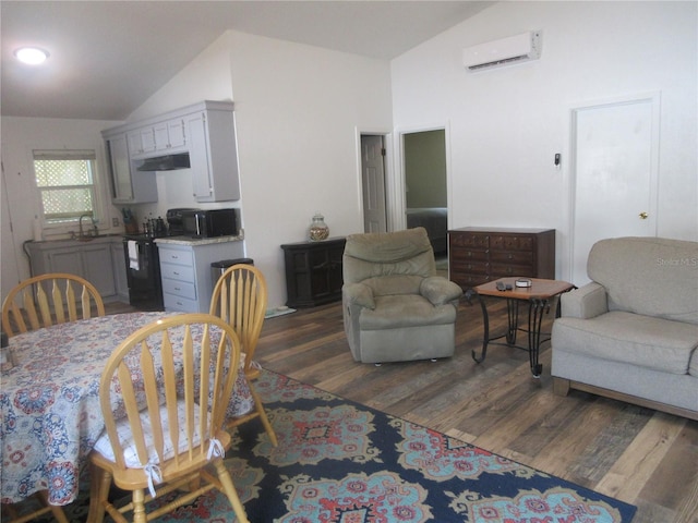 5949 SE 164th Ct, Ocklawaha, FL 32179 - dining space with vaulted ceiling, a wall mounted air conditioner, and dark wood-style flooring