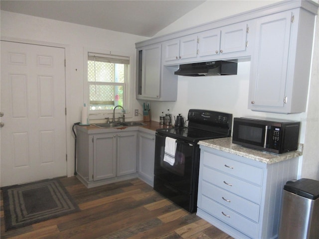 5949 SE 164th Ct, Ocklawaha, FL 32179 - kitchen with black electric range oven, under cabinet range hood, a sink, vaulted ceiling, and dark wood-type flooring