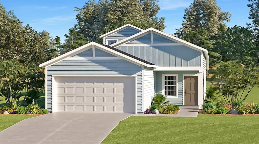 1139 NW 44th Court Rd, Ocala, FL 34482 - view of front of home featuring board and batten siding, an attached garage, a front lawn, and driveway