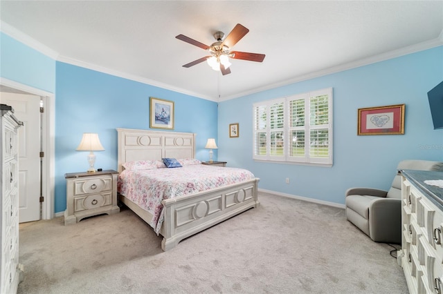 6868 SW 95th Cir, Ocala, FL 34481 - bedroom featuring crown molding, light colored carpet, baseboards, and a ceiling fan