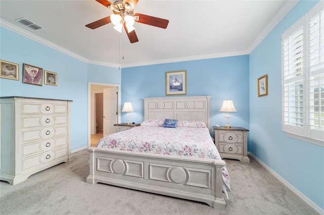 6868 SW 95th Cir, Ocala, FL 34481 - bedroom with light carpet, crown molding, baseboards, and a ceiling fan
