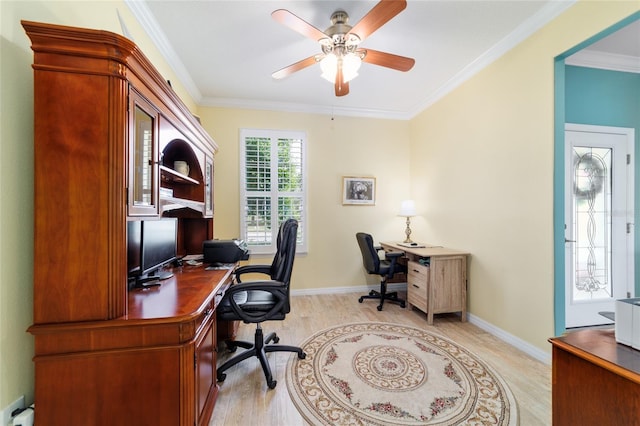 6868 SW 95th Cir, Ocala, FL 34481 - home office featuring light wood-style flooring, ceiling fan, ornamental molding, and baseboards