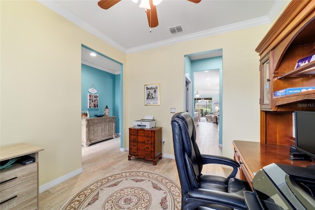 6868 SW 95th Cir, Ocala, FL 34481 - office space featuring ceiling fan, light wood-type flooring, crown molding, and baseboards