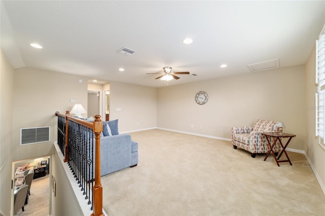6868 SW 95th Cir, Ocala, FL 34481 - living area with an upstairs landing, light carpet, recessed lighting, baseboards, and attic access