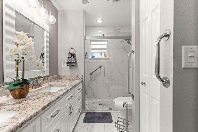 8874 SW 95th St Unit E, Ocala, FL 34481 - full bathroom featuring a marble finish shower, vanity, toilet, marble look tile flooring, and a textured wall