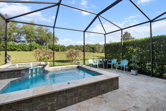 view of pool with a patio area, a lawn, a lanai, and a pool with connected hot tub