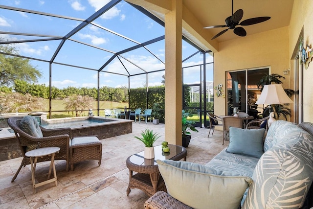 view of patio / terrace with a jacuzzi, an outdoor hangout area, ceiling fan, outdoor dining area, and an outdoor pool
