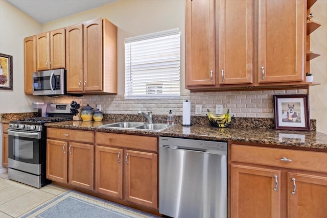 kitchen featuring stainless steel appliances, a sink, open shelves, and backsplash