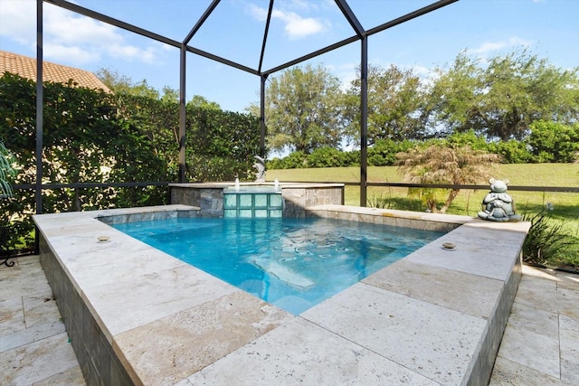 swimming pool featuring glass enclosure and a yard