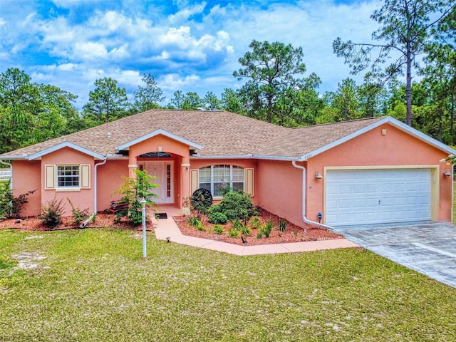 9325 SW 125th Court Rd, Dunnellon, FL 34432 - ranch-style house featuring stucco siding, an attached garage, concrete driveway, a front lawn, and a shingled roof