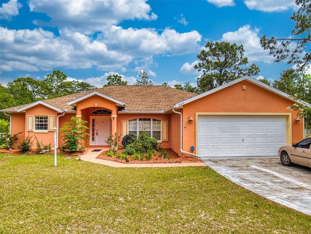 9325 SW 125th Court Rd, Dunnellon, FL 34432 - ranch-style house featuring stucco siding, an attached garage, driveway, a front lawn, and roof with shingles