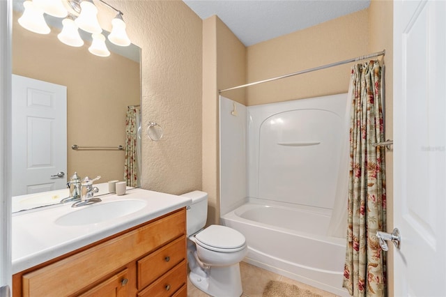 6651 SW 93rd Ct, Ocala, FL 34481 - bathroom with a textured wall, vanity, shower / bath combo with shower curtain, toilet, and tile patterned flooring