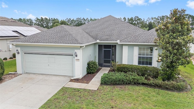 6651 SW 93rd Ct, Ocala, FL 34481 - ranch-style house with roof with shingles, an attached garage, stucco siding, a front yard, and driveway