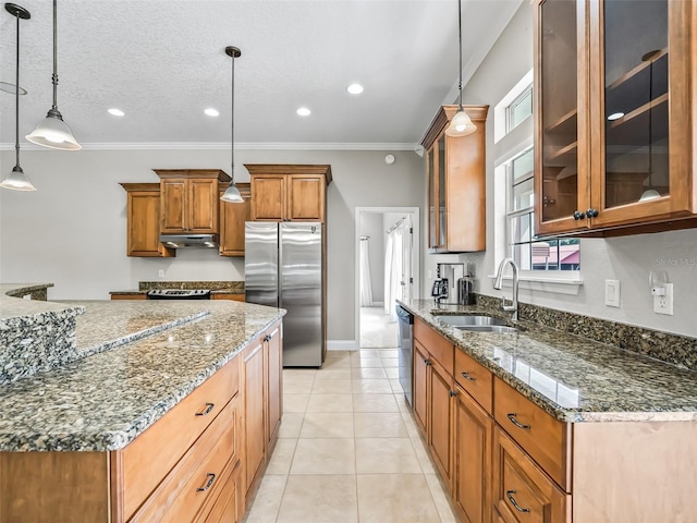 2540 NE 120th St, Anthony, FL 32617 - kitchen featuring a sink, appliances with stainless steel finishes, under cabinet range hood, brown cabinetry, and crown molding
