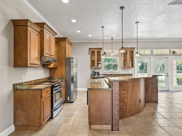 2540 NE 120th St, Anthony, FL 32617 - kitchen featuring appliances with stainless steel finishes, under cabinet range hood, brown cabinets, glass insert cabinets, and recessed lighting