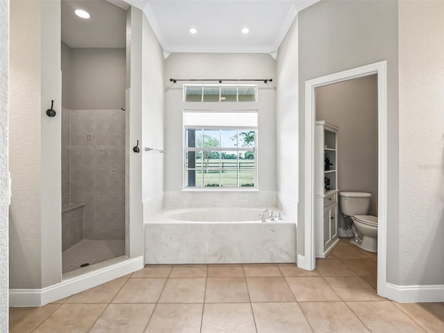 2540 NE 120th St, Anthony, FL 32617 - bathroom featuring a garden tub, a tile shower, toilet, tile patterned floors, and recessed lighting