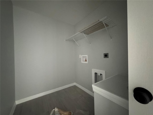 laundry area with washer hookup, electric dryer hookup, baseboards, dark wood-type flooring, and attic access