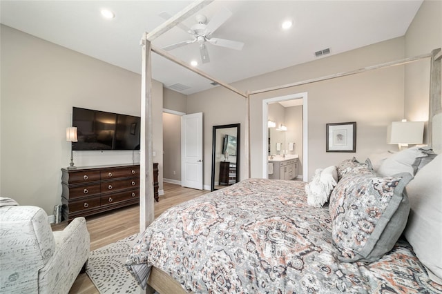 8606 SW 61st Loop, Ocala, FL 34481 - bedroom featuring light wood-style floors, recessed lighting, ceiling fan, and connected bathroom