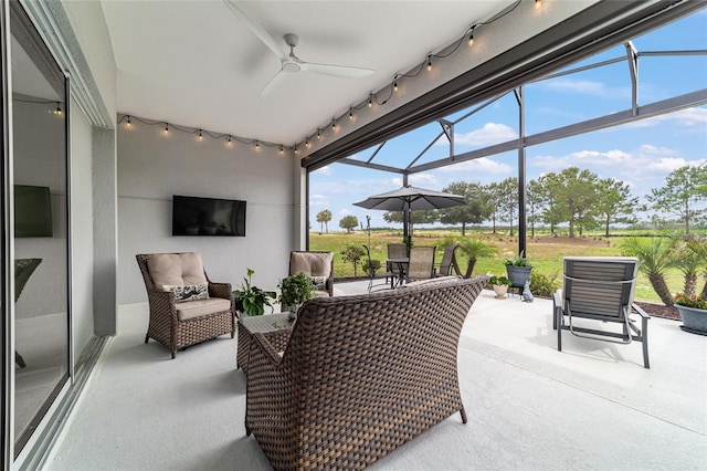 8606 SW 61st Loop, Ocala, FL 34481 - view of patio / terrace featuring a ceiling fan, a lanai, and outdoor dining area