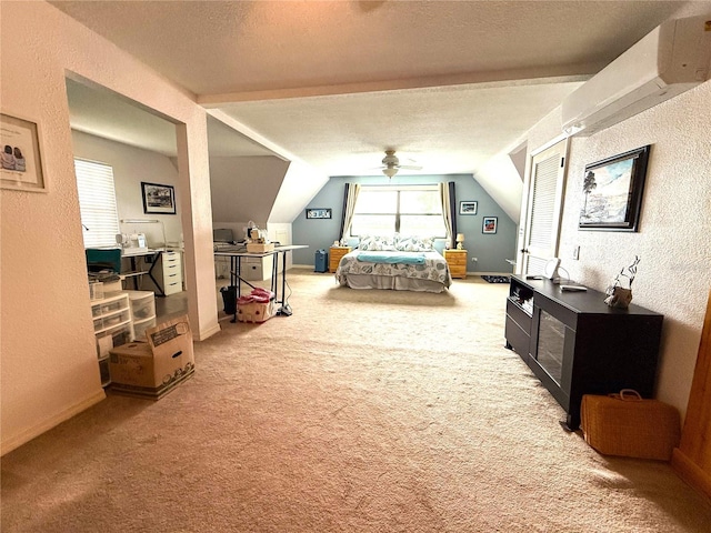 7023 W Riverbend Rd, Dunnellon, FL 34433 - bedroom featuring carpet flooring, vaulted ceiling, a textured wall, a textured ceiling, and ceiling fan